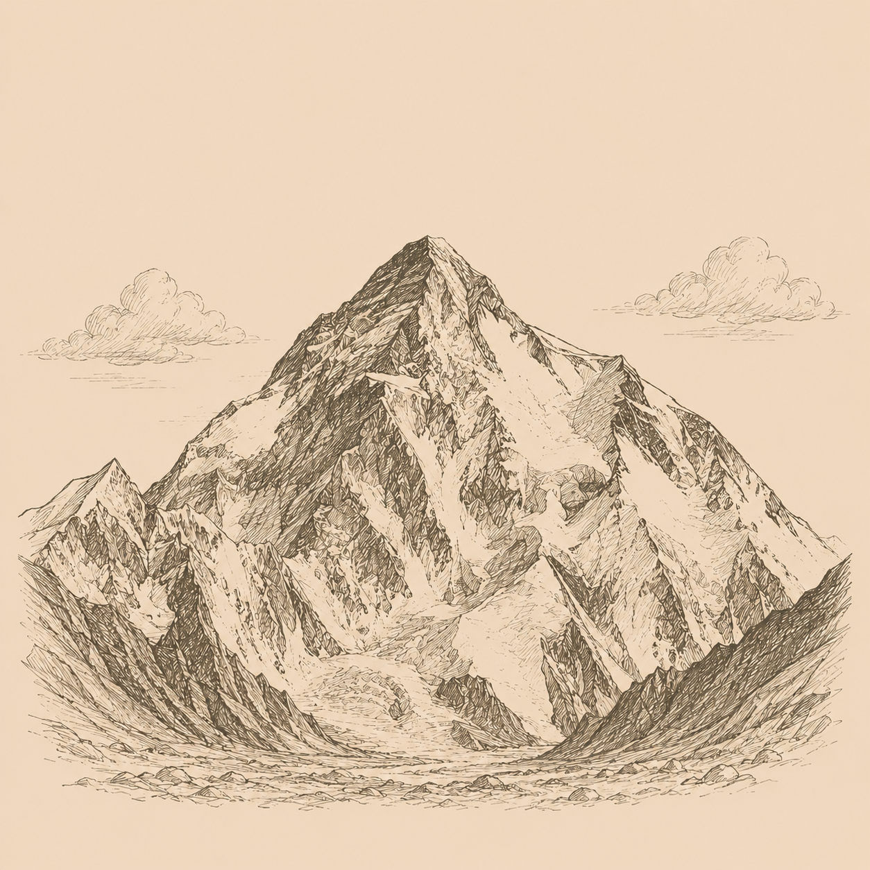 Snow covered mountain peak piercing through clouds